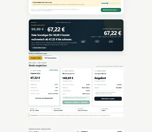 Ausschnitt aus dem echten AbholCheck Düsseldorf nach Köln: 50 Euro Fundpreis werden zu 67,22 Euro bis nach Hause
